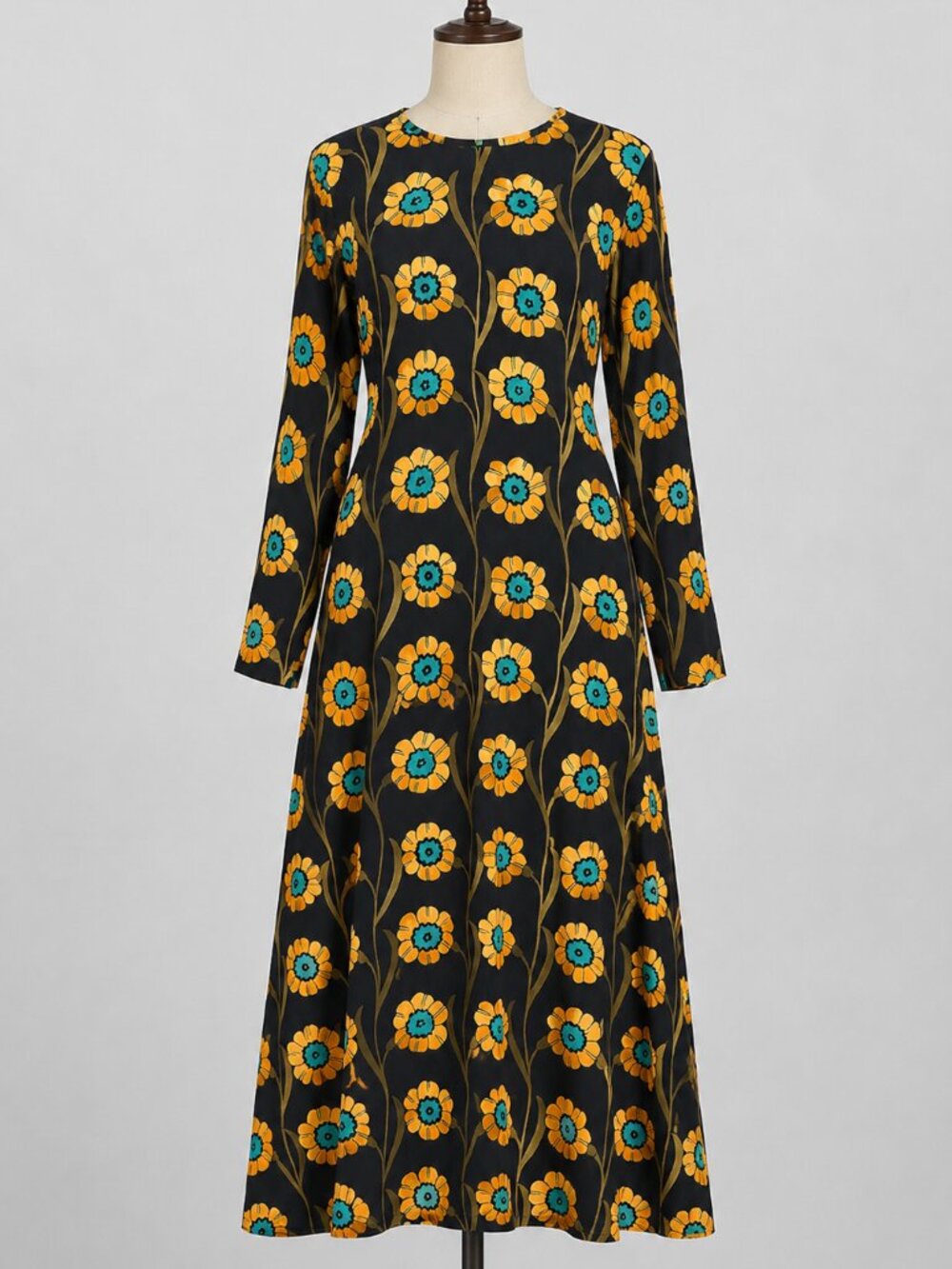 Black Floral Long-Sleeve Midi Dress